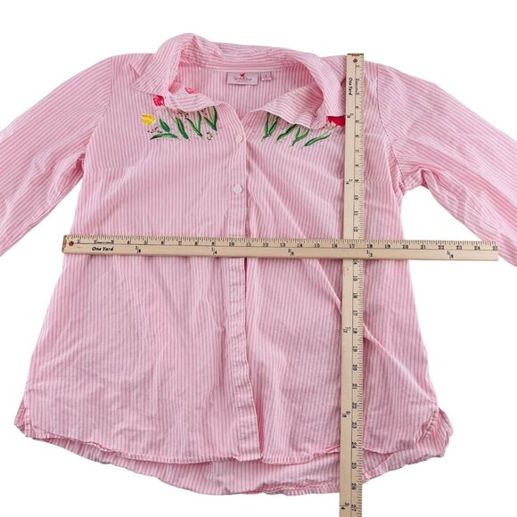 Quacker Factory Womens Floral Embroidered Button-Down Pink & White Striped Shirt - Picture 3 of 6